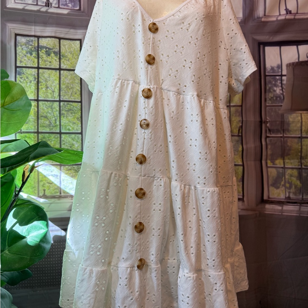 Tiered White Eyelet Button Down Dress Pockets Emery Rose 2XL Casual - Picture 4 of 14